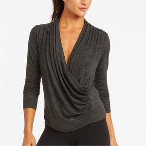 ATHLETA Women's Sz M Odyssey Wrap Top, V-Neck, Long Sleeve, Thumb Hole Charcoal